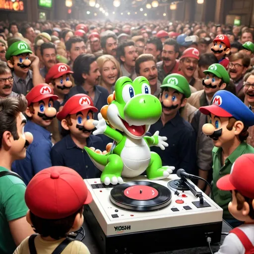 Prompt: yoshi playing music on a turntable in a crowd of many mario's