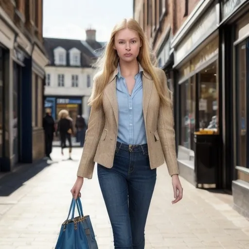 Prompt: Tall young woman walking down the high street, detailed clothing, realistic, natural lighting, blonde with blue eyes