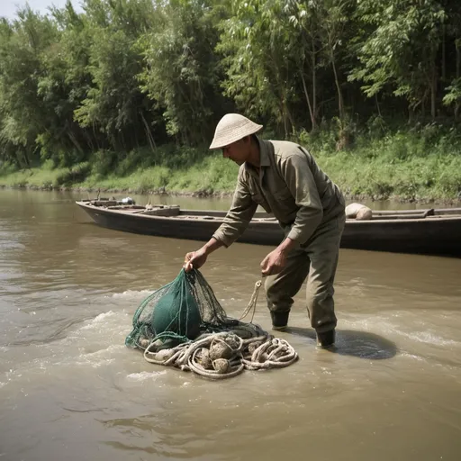 Prompt: A fisherman collects bombs from a river with a fishing net
