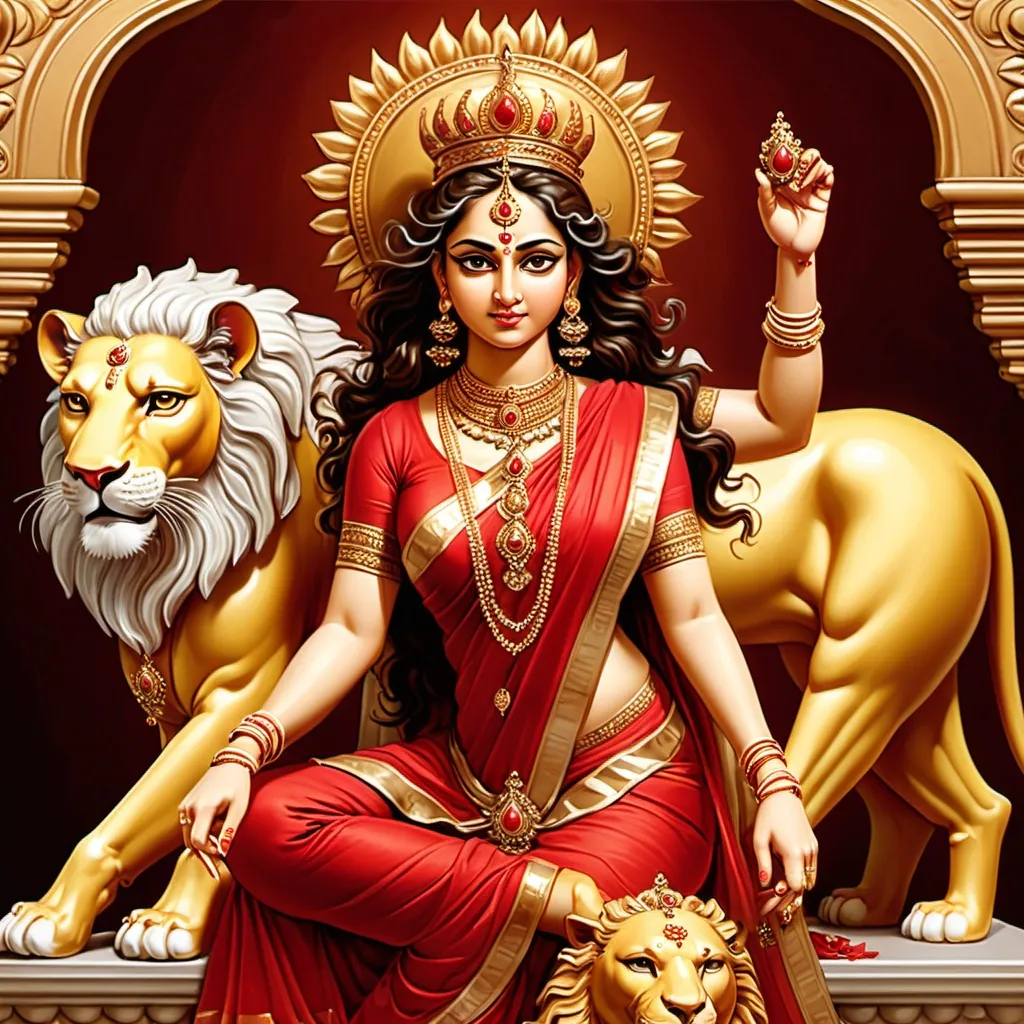 Prompt: Godess durga, a queen like lady, red saree, golden jewelry, 4 hands, sitting on a lion