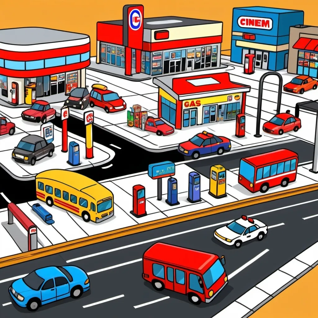 Prompt: draw a big messy town road rug with a gas station,cinem,hospital,bank,post office,police satation, bus stop , train station , airport,super market, shopping mall,park, movie theater, bookstore, and some details like cars and people and more places in a town.