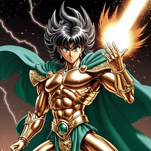 Prompt: A manga style Bronze cloth Saint Seiya launching his meteor strike against Dragon Shiryu. Dragon Shiryu is hit on the torso and is in pain.