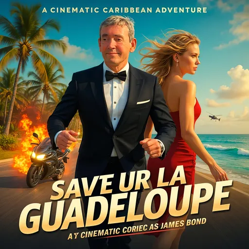 Prompt: Image Prompt for Poster Design:

A dynamic action movie poster set in tropical Guadeloupe. Foreground: Mikaël Godec in a sharp tuxedo, running in a James Bond–style pose with confident determination. Flanking him: a glamorous blonde co-star (Sylviane Godec), elegantly dressed, exuding intrigue and allure. Background: vibrant Caribbean scenery with lush palm trees, blue sea, and dramatic sky. Explosions, speeding motorbike chase, and roaring helicopters emphasize high-stakes excitement. Fiery cinematic drama and subtle lens flares add intensity. Overall, the vibe is polished, vibrant, and thrilling—a Hollywood blockbuster with a tropical twist.

Text Layout Suggestions:

Main Title (at the bottom, bold & dramatic):
Saveur la Guadeloupe

Subtitle/tagline just below or above the title (smaller, but eye-catching):
Starring Mikaël Godec as James Bond

Optional:
At the top or corner, add:
A Cinematic Caribbean Adventure

Font Suggestions:

Main Title:

Use a bold, modern sans-serif or a classic action-movie font. Try:

“Bebas Neue”

“Oswald Bold”

“Agency FB”

For a Bond-like flair: “Gunplay” or “Eurostile Bold Extended”

Tagline/Subtitles:

Use a sleek, clean sans-serif like “Montserrat” or “Futura” for contrast.

Keep correct spelling of 
Mikaël, don't with ë
Color Suggestions:

White or metallic gold for the title (over a subtle dark drop shadow).

Accent with hot orange or sunset yellow for action cues (explosions/fire).

Use cool teal or deep blue for shadow/highlight balance.