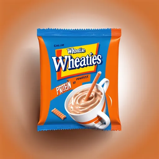 Prompt: create a brand image for a ficticious company. Call the brand Wheaties PowerPack Protein Blend. One small packet. Spell words correctly. No background. These are packagets that mix with water. So users would mix the packet into a cup of water.