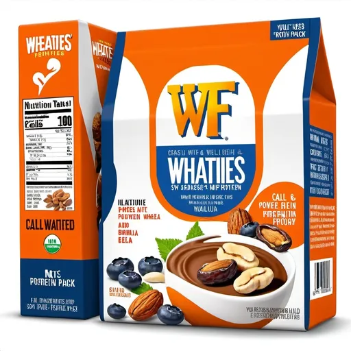 Prompt: create a brand image for a ficticious company. Call the brand Wheaties PowerPack Protein Blend. These should be packets in a box. Spell words correctly. No background. Here is some more information about the Wheaties PowerPack Protein Blend—your go-to breakfast solution tailored for the ambitious young professional. Each innovative packet is a powerhouse of nutrition, blending high-quality, organic ingredients into a shake that delivers on taste and health.  Packed with whole-grain wheat for lasting energy, and creamy organic cashews for a smooth, satisfying texture, this shake also features organic hemp and pumpkin seeds for a potent protein boost. Infused with immune-boosting chaga mushroom powder and antioxidant-rich dried blueberries, it supports your well-being with every sip. Naturally sweetened with powdered dates and raw honey, and flavored with rich organic dark chocolate and vanilla extract, it offers a delightful taste experience with low sugar and fat content.  Designed for ultimate convenience, simply mix the contents of one packet with water or milk for a quick, high-protein breakfast that fits seamlessly into your busy schedule. With no mess and minimal cleanup, the Wheaties PowerPack Protein Blend is your portable, ethical choice for a balanced, on-the-go meal that keeps you at your best..