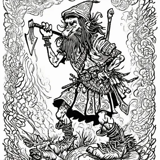 Prompt: A male half elf with brown dreadlocks and short facial hair ending in a point he wears a kilt like a Highlander he is armed with a long sword and Hatchet he has a psychedelic and Gonzo presence to him