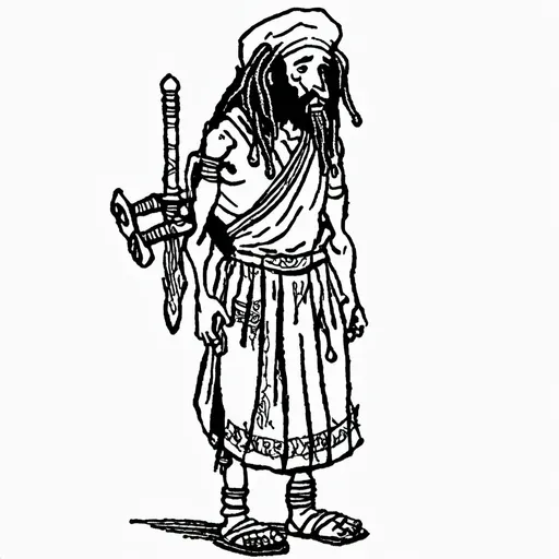 Prompt: A ancient male Hebrew man with dreadlocks. He wears a simple linen shirt and linen skirt he has some leather armor on. He wears sandals. He has a simple short sword as well as a sling. He wears a small backpack and has a belt with a few pouches on it. He is in shape slender and has a sharp wild look to his face and presence 