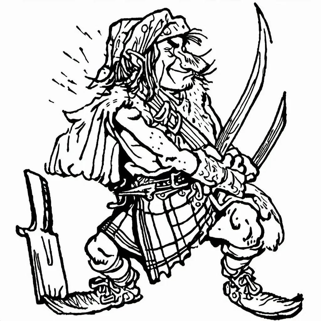 Prompt: A male half elf with brown dreadlocks and short facial hair ending in a point he wears a kilt like a Highlander he is armed with a long sword and Hatchet he has a psychedelic and Gonzo presence to him