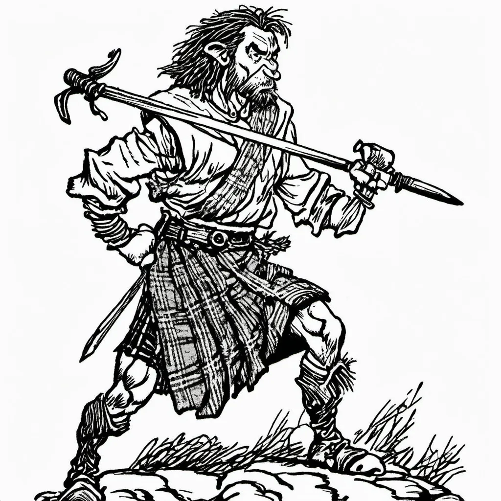 Prompt: A male half elf with brown dreadlocks and short facial hair ending in a point he wears a Scottish kilt like a Highlander he is armed with a long sword and Hatchet