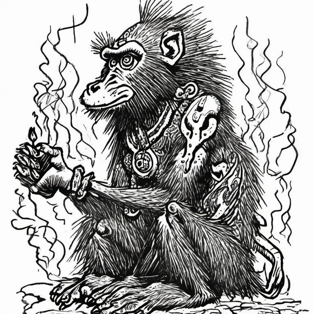 Prompt: A Primitive Savage three-eyed baboon. He is a monk of the sacred flame. He wears some robes and his armed with a sword. The monkey has a psychedelic and Gonzo presence to him