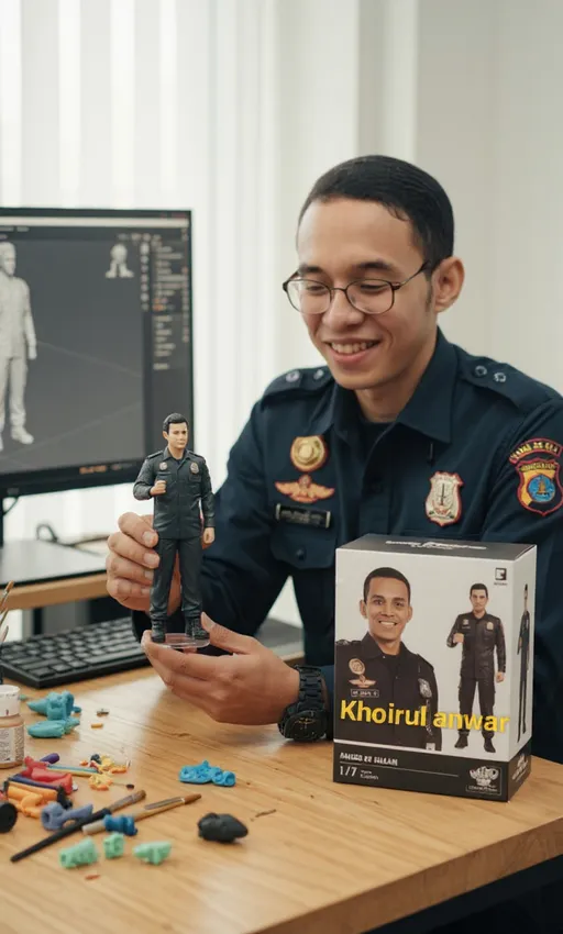Prompt: Photograph of an Asian male police officer with short black hair and glasses, wearing a dark blue uniform with badges and patches, smiling while holding a small, detailed action figure of himself. The figure is placed on a wooden desk beside a boxed set of similar figures. The background includes a computer monitor displaying a grayscale digital illustration of the same officer in a similar pose. The desk is cluttered with paintbrushes, paint jars, and small art supplies. The room has vertical white blinds allowing soft light to filter in. The officer's uniform is neatly pressed, and the action figures are highly detailed, capturing his likeness and uniform accurately. The overall atmosphere is creative and professional.