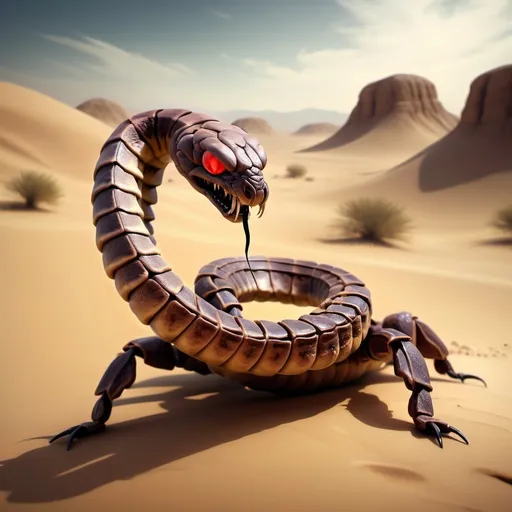 Prompt: Create a scorpion snake hybrid creature in a musty desert