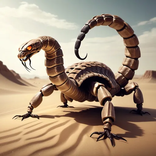 Prompt: Create a scorpion snake hybrid creature in a musty desert