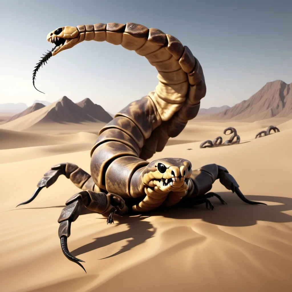 Prompt: Create a scorpion snake hybrid creature in a musty desert