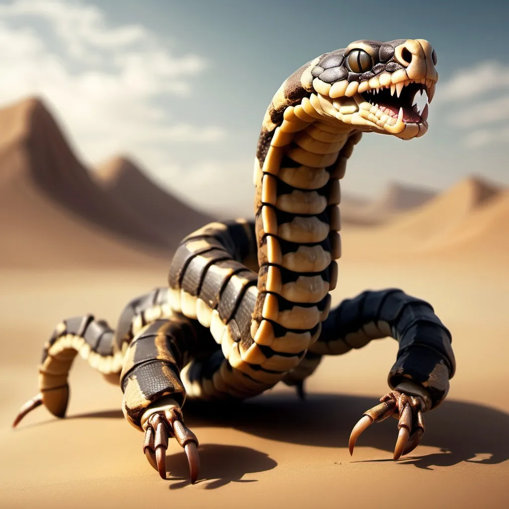 Prompt: Create a scorpion snake hybrid creature in a musty desert