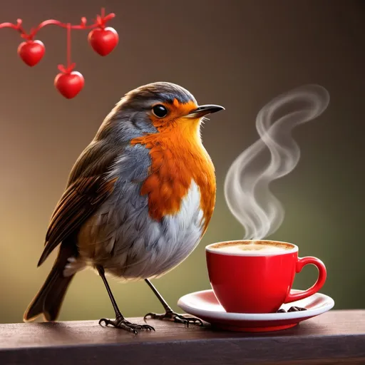 Prompt: a red robin with cup coffee