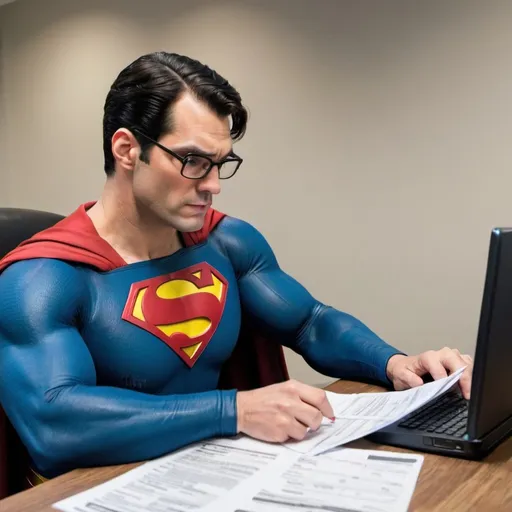 Prompt: Superman doing his taxes. 