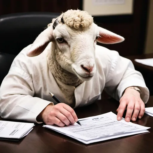 Prompt: The lamb from cult of the lamb doing their taxes 