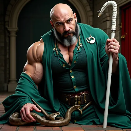 Prompt: Salazar Slytherin, muscular pecs through dark green and silver (exquisite robes), holdes, bald, dark and grey beard, gripping a white wand, (chamber of secrets) background, dark magic, vibrant colors, (ultra-detailed), enchanting atmosphere, (mythical essence) capturing darkness and arrogance, snake on the floor, looking down