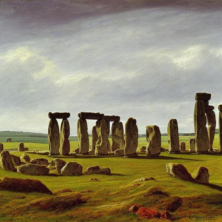 Prompt: An English landscape, Stonehenge on a hill in the background, by Caspar David Friedrich