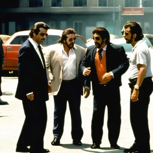 Prompt: Robert de Niro, Al Pacino, Danny Tamberelli and Michael C. Maronna on the set of the movie Heat