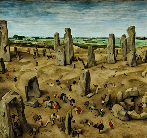 Prompt: stonehenge painted by pieter bruegel the elder