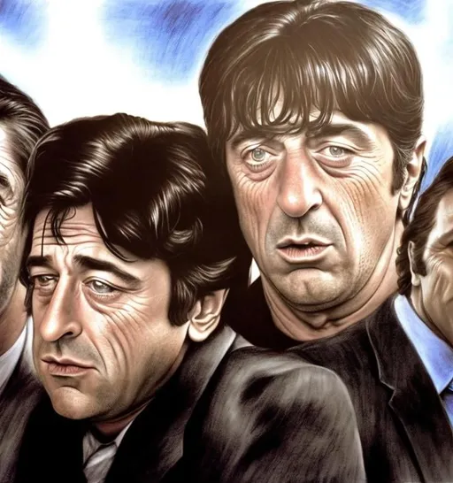 Prompt: A pencil drawing of Robert de Niro, Al Pacino, Danny Tamberelli and Michael C. Maronna