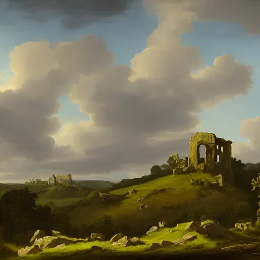 Prompt: An English landscape, a hill with stone ruins in the background, by Johann Dahl