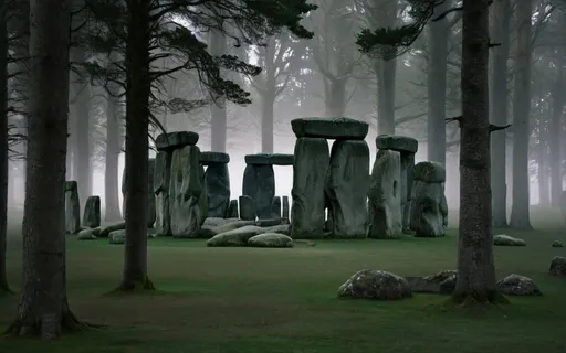 Prompt: Stonehenge in a the middle of a thick, dark forest, surrounded by lots of trees