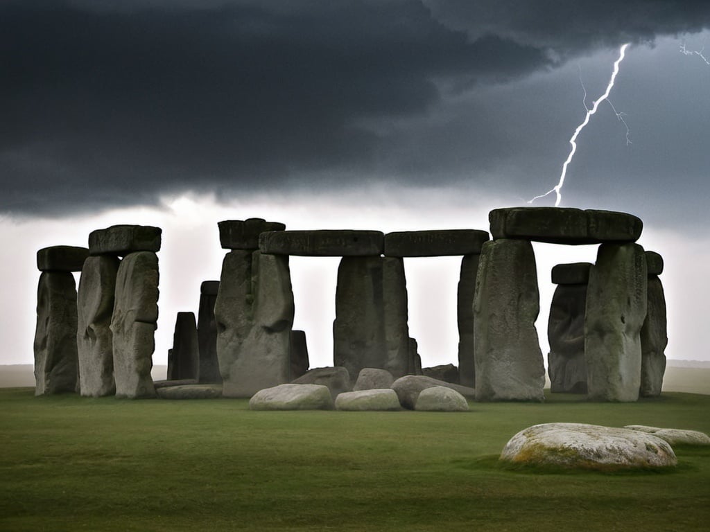 Prompt: A detail of Stonehenge during a storm