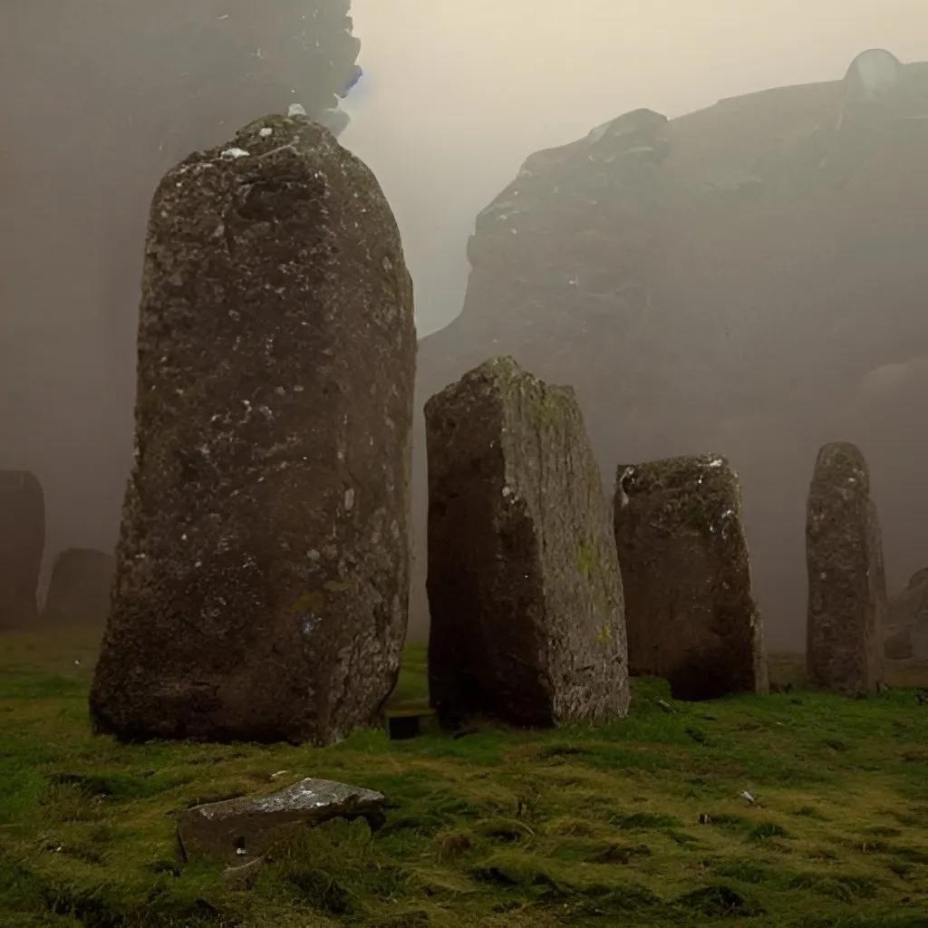 Prompt: ancient megaliths in a valley, close proximity, foggy, muted, Caspar David Friedrich style
