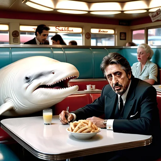 Prompt: A photorealistic picture of al pacino and a white whale sitting at a table in a diner