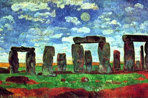 Prompt: stonehenge painted by paul gauguin