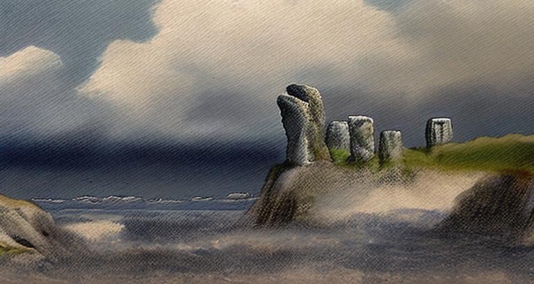 Prompt: seascape and a cliff with stonehenge