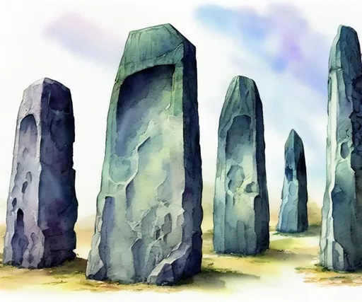 Prompt: fantasy megaliths, simplified forms, watercolor