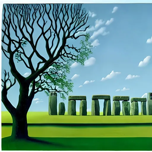 Prompt: a painting of stonehenge on a tree-lined street by rené magritte

