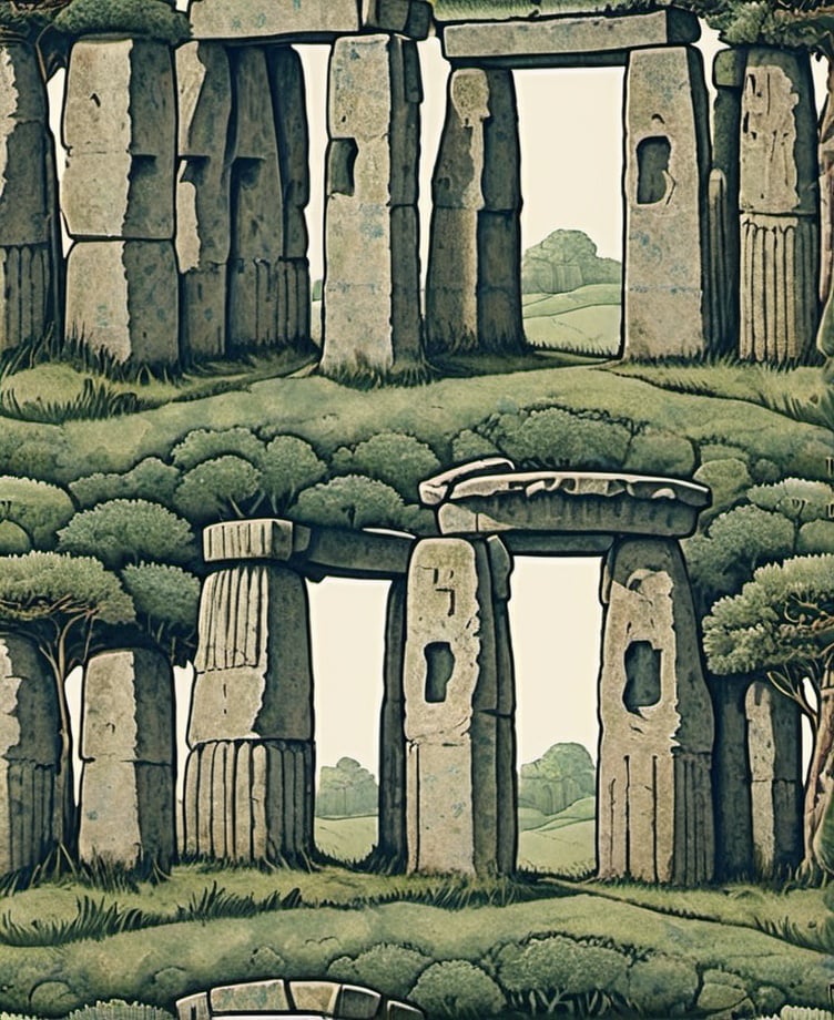 Prompt: Stonehenge as William Morris wallpaper