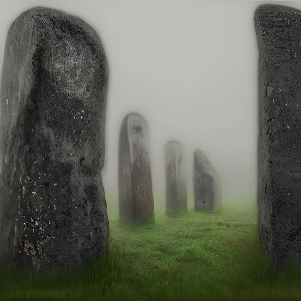 Prompt: megaliths with runic inscriptions in a foggy landscape at dusk, close perspective, pastel, hyperrealistic