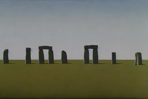 Prompt: houses with stonehenge in between, painted by rené magritte