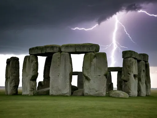 Prompt: An up close view of Stonehenge during a thunderstorm
