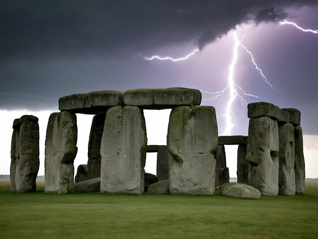 Prompt: An up close view of Stonehenge during a thunderstorm