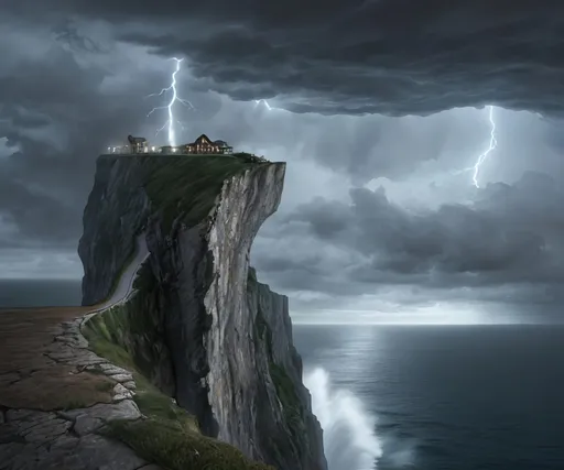 Prompt: a high cliff above the sea during a storm