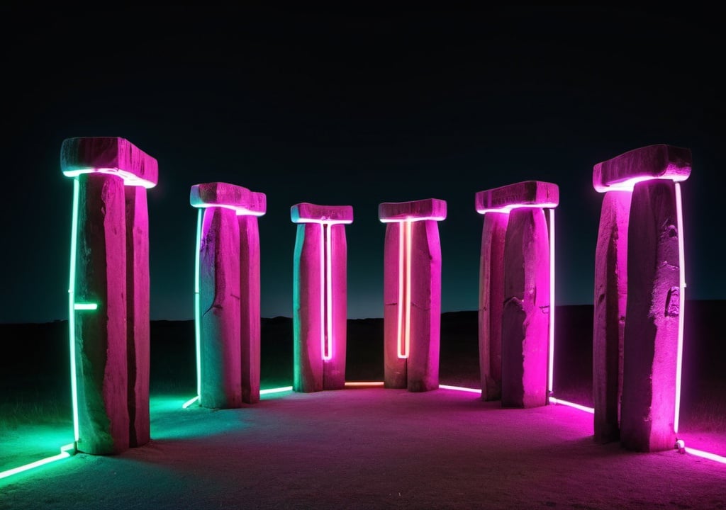 Prompt: Neon tube lights in the shape of Stonehenge
