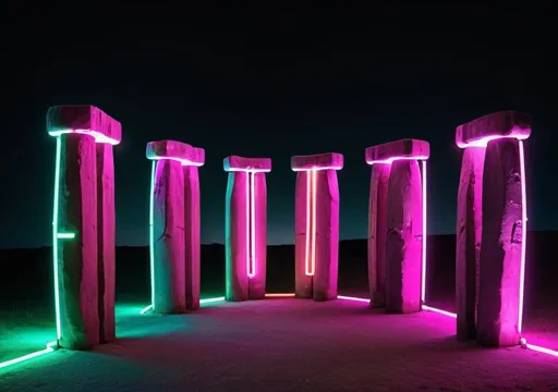 Prompt: Neon tube lights in the shape of Stonehenge
