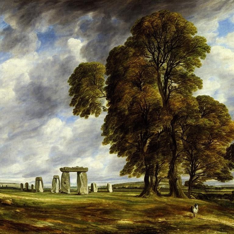 Prompt: An English landscape, Stonehenge on a hill in the background, by John Constable