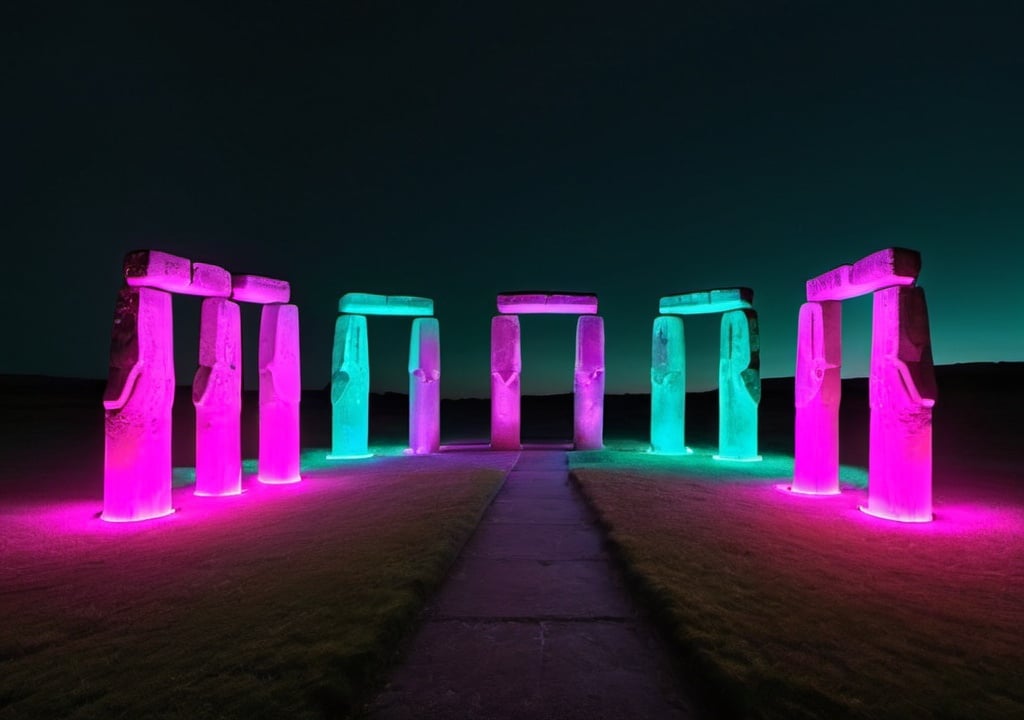 Prompt: Neon tube lights in the shape of Stonehenge
