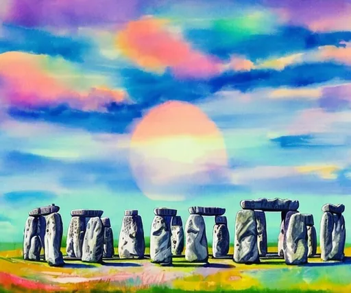 Prompt: A view of Stonehenge from eye level painted by Lisa Frank