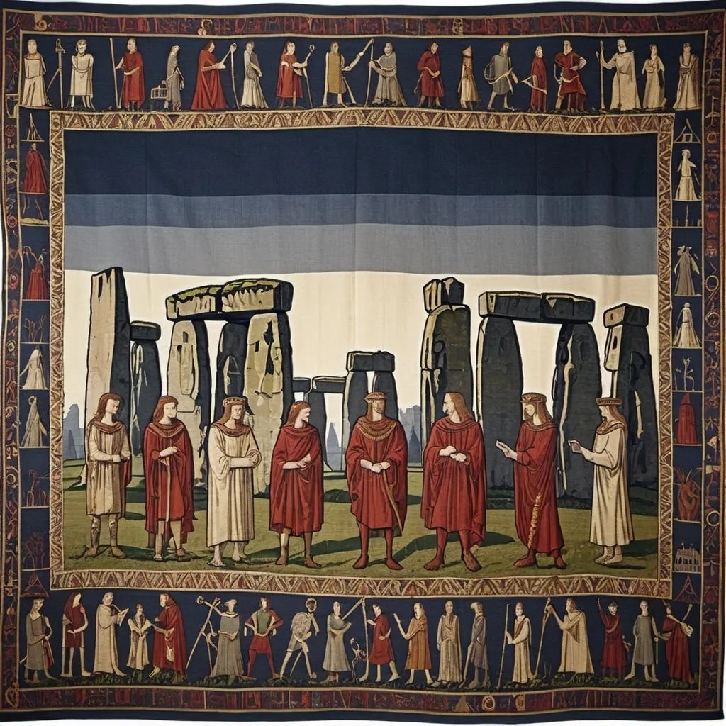 Prompt: a medieval tapestry of Stonehenge 