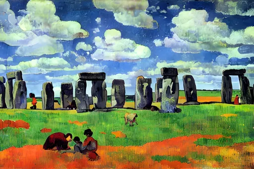 Prompt: stonehenge painted by paul gauguin