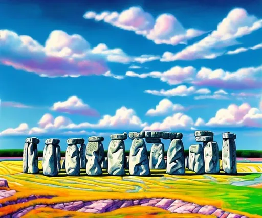 Prompt: A view of Stonehenge from eye level painted by Lisa Frank